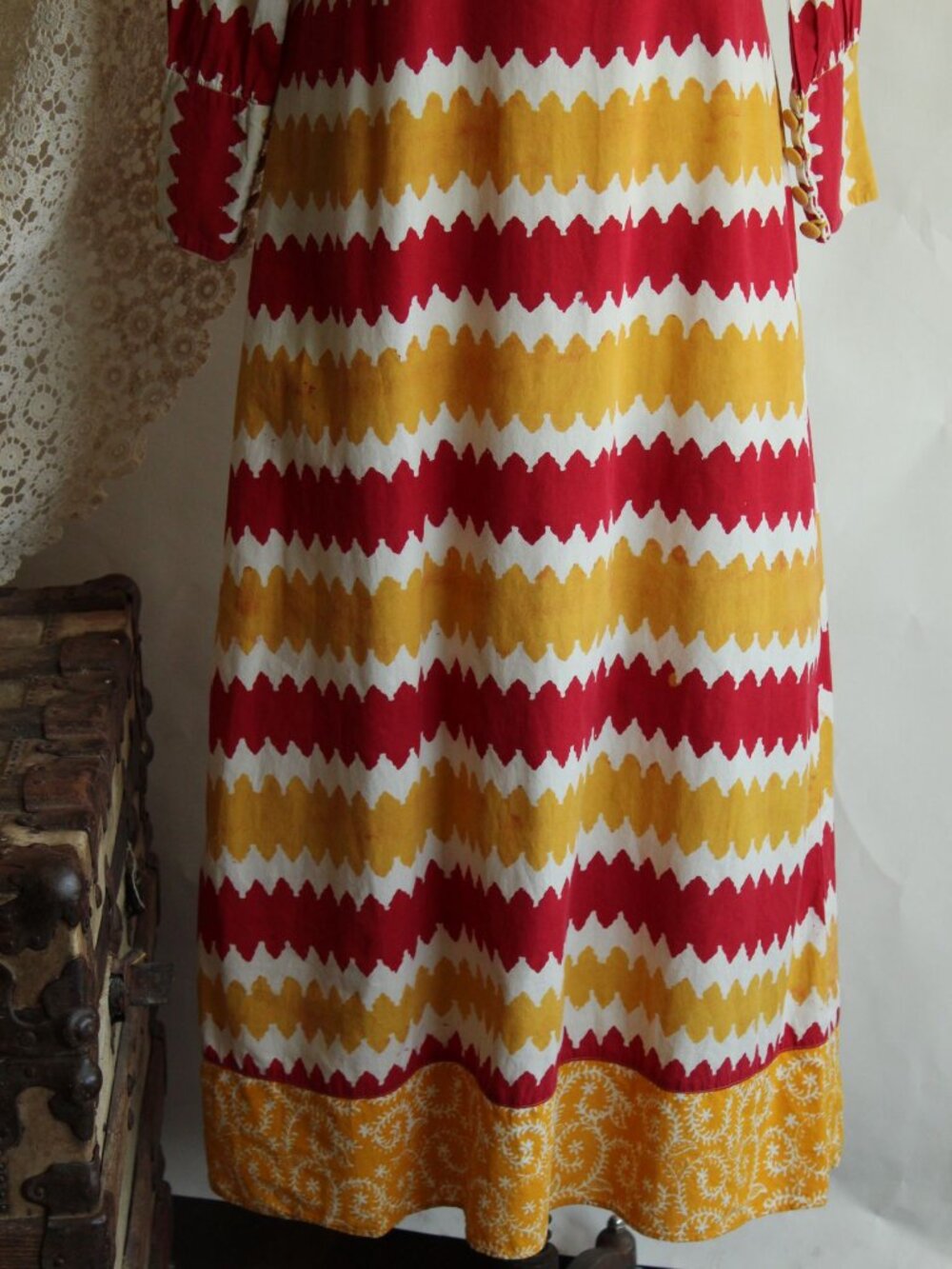 Vintage 1990s Y2K Maxi Dress, Red and Yellow Cotton 1960s Inspired Boho Full Len - Picture 4 of 14